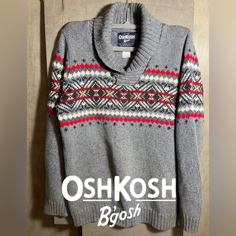 OshKosh Grey Fair Isle Knit Shawl Collar Cotton Sweater 12